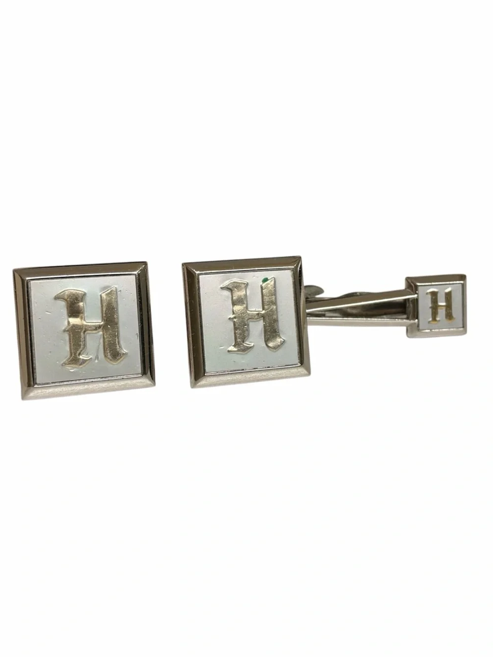 Vintage Swank H Monogram Cufflinks and Tie Bar Set Silver Classic Mid Century
